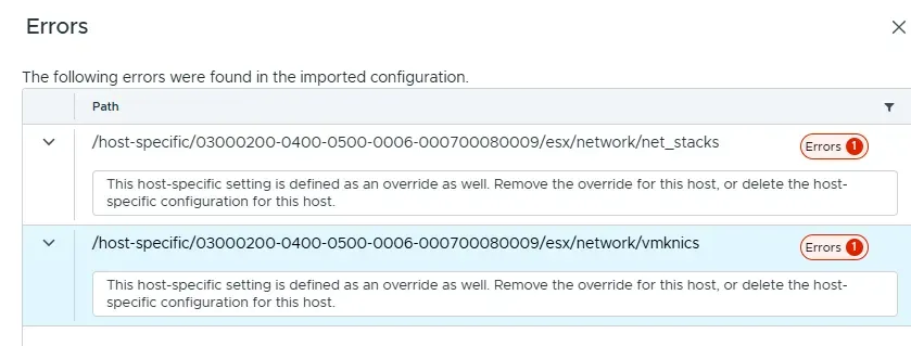 vSphere Client âErrorsâ dialog listing two import errors, for the net_stacks and vmknics paths. Both paths sit under the same host UUID, 03000200-0400-0500-0006-000700080009, and both say the host-specific setting is also defined as an override.